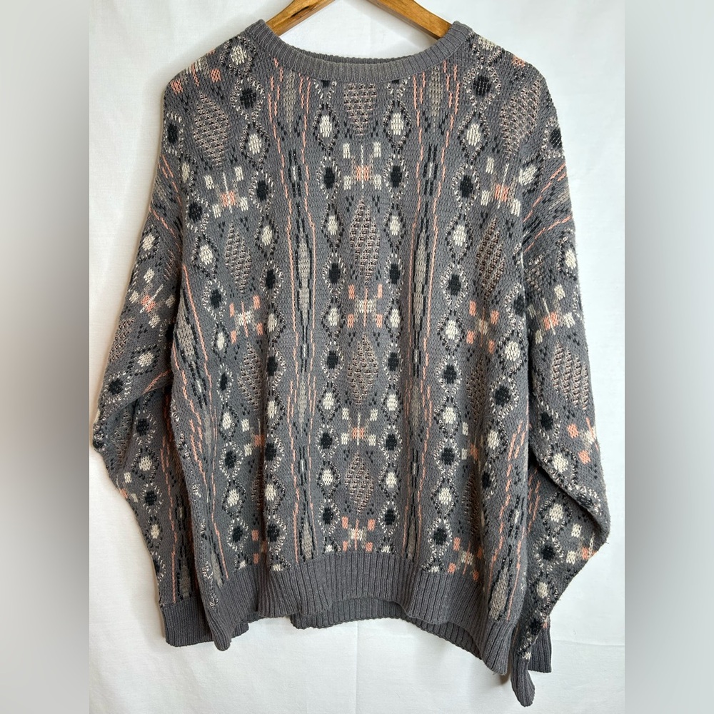 Jantzen Vintage Geometric Knit Sweater in Gray Cream and Corral Pink Size Large